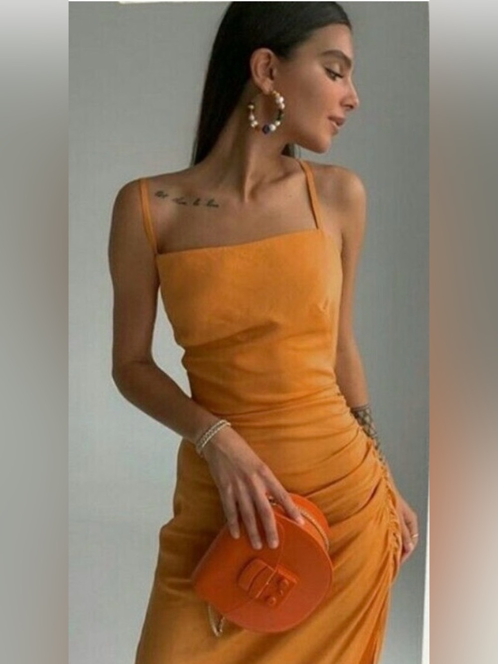 ZARA Draped Ruched Orange Dress Blogger Fave Linen Euro Summer Resort Vacation S